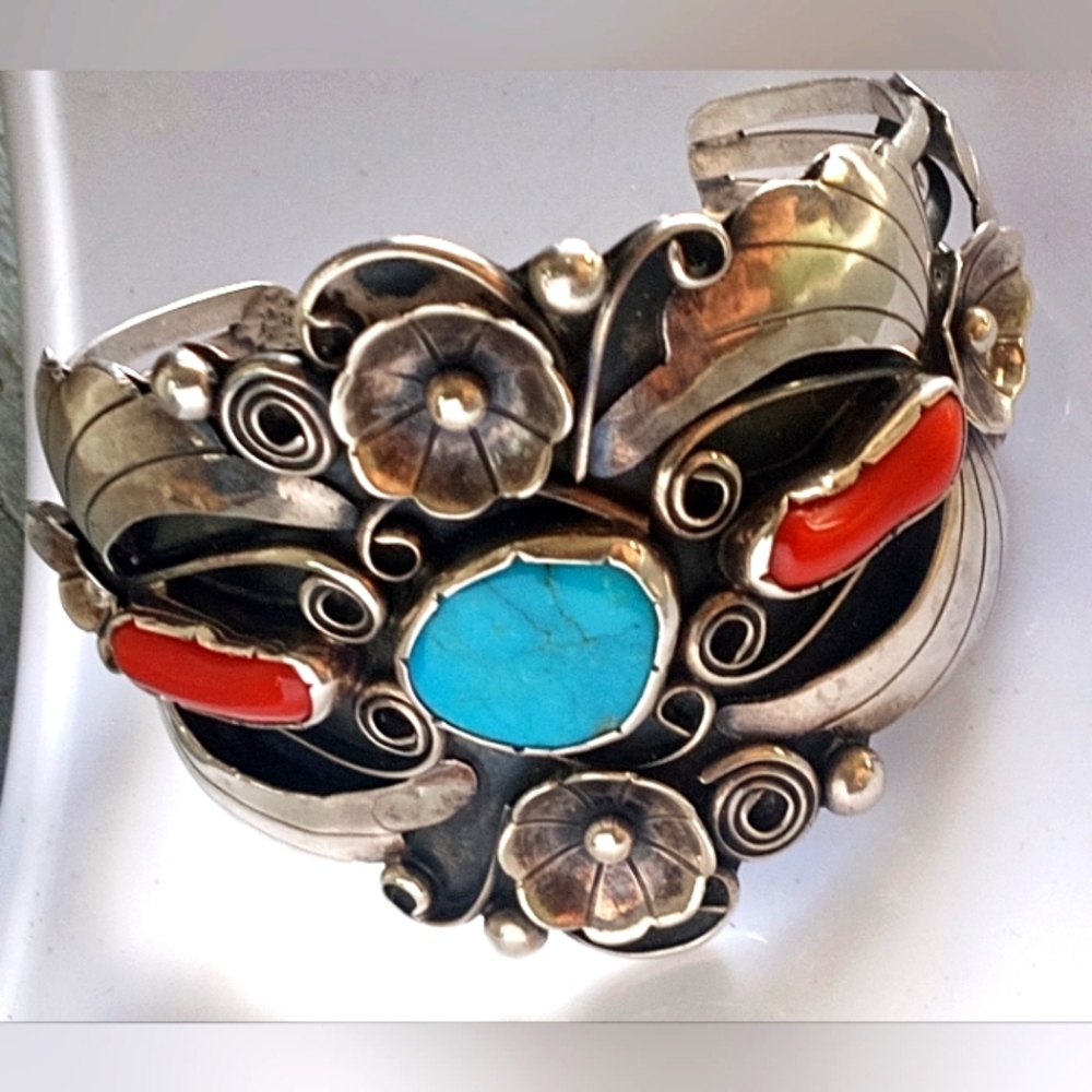 Turquoise Coral VTG Sterling Silver Southwest Signed IB 46 G Cuff Bracelet